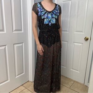 Maaji Coverup Dress Sheer Long Mesh Embroidered Boho Beach Vacation Size Medium